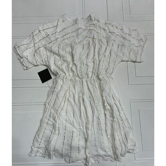 Lulus NWT Mini Dress Womens Small Ivory Gold Metallic Stripe Dolman Sleeves - Picture 4 of 6